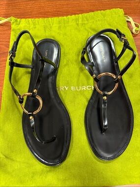Tory Burch Black Leather T-Strap Sandals with Gold Ring Accent